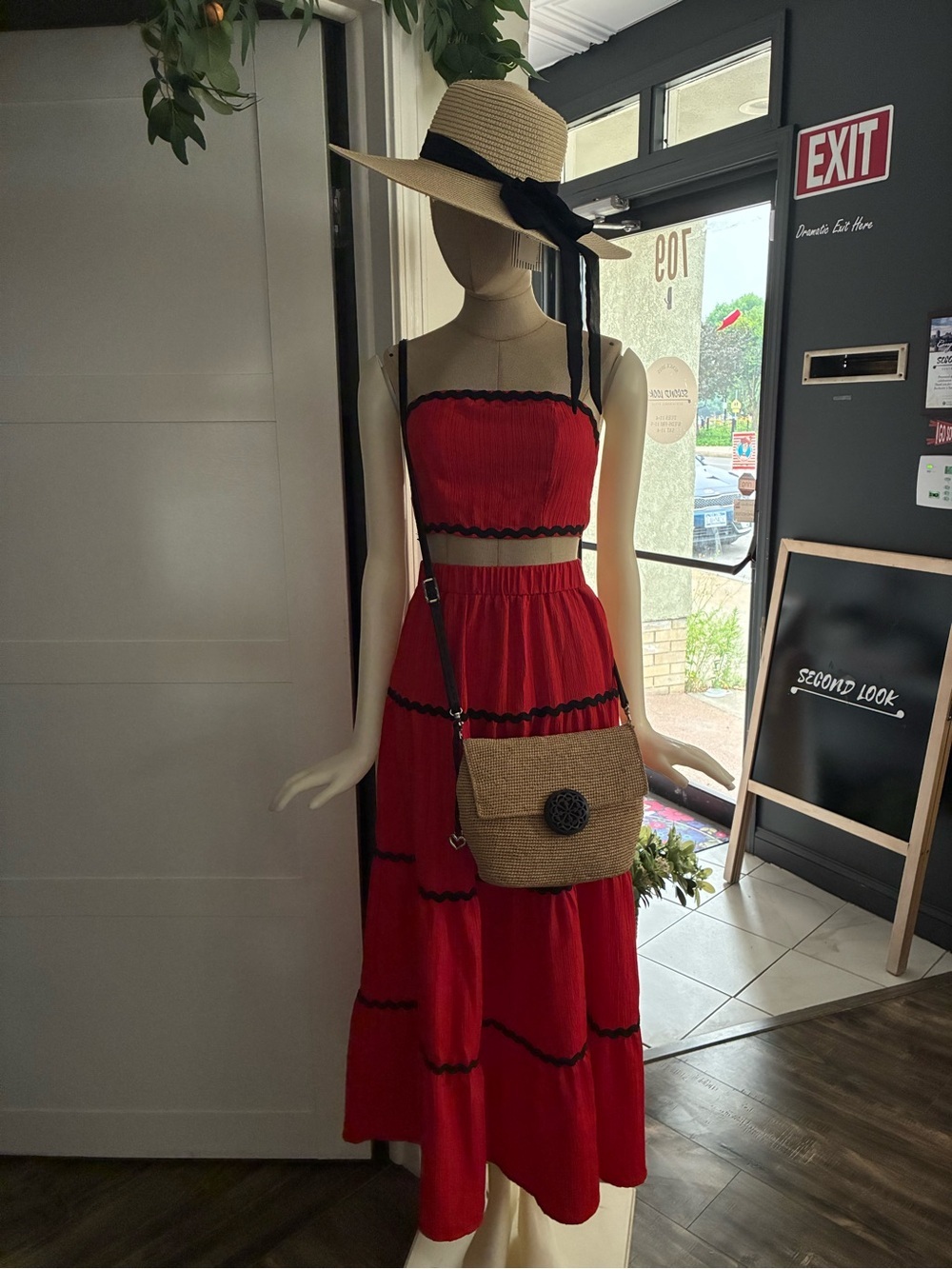 Red crop top and Tiered Maxi Dress with Black Trim set